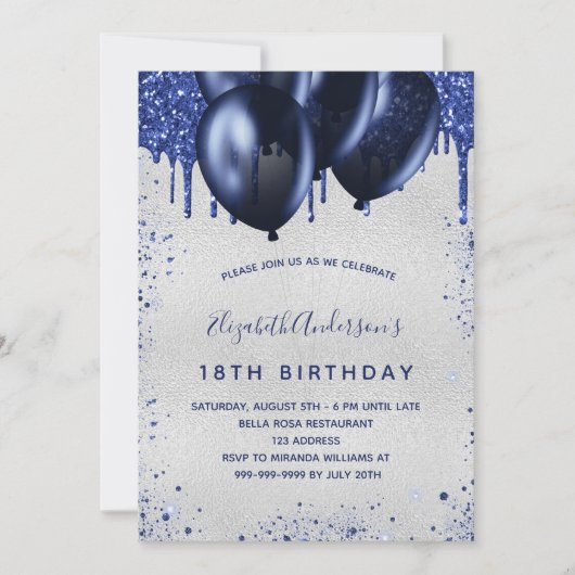 Birthday Silver Navy Blue druppelt ballonnen luxe Kaart (Voorkant)