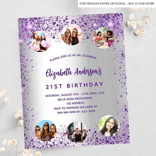 Birthday Silver paars Fotobudgetuitnodiging Flyer