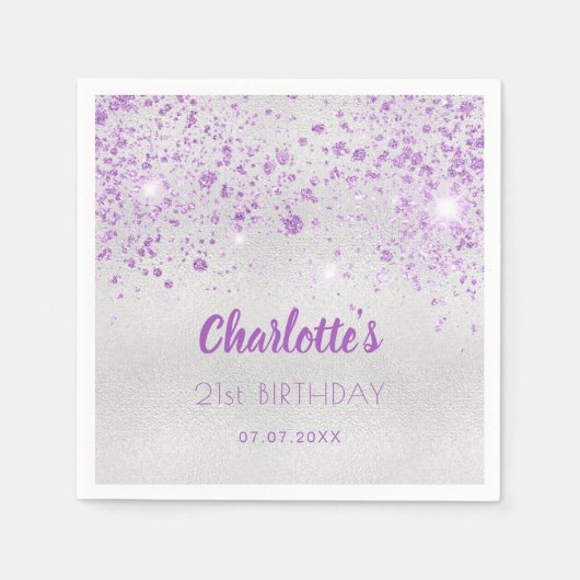 Birthday Silver paars glitter monogram Servet (Voorkant)