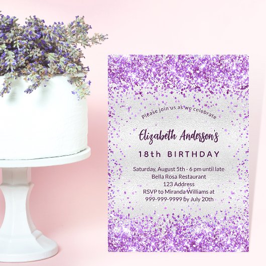 Birthday Silver paars violet glitter glamoureus Uitnodiging Briefkaart