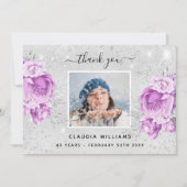 Birthday Silver paarse florale foto's Kaart (Achterkant)