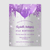 Birthday Silver paarse glitter ballonnen luxe Magnetische Uitnodiging (Voorkant)