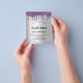 Birthday Silver paarse glitter budget uitnodiging Flyer (Hand)