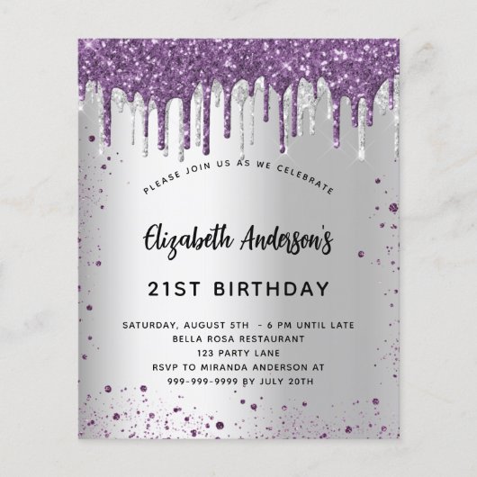 Birthday Silver paarse glitter budget uitnodiging Flyer (Voorkant)