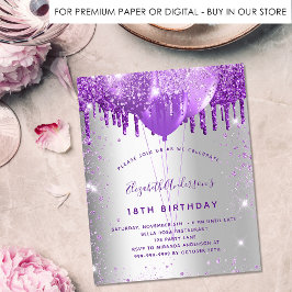 Birthday Silver paarse glitter budget uitnodiging Flyer