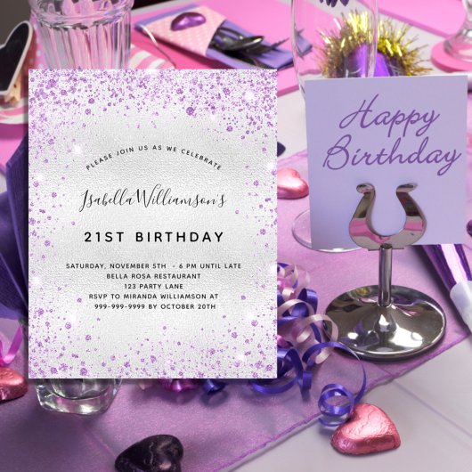 Birthday Silver paarse glitter budget uitnodiging Flyer