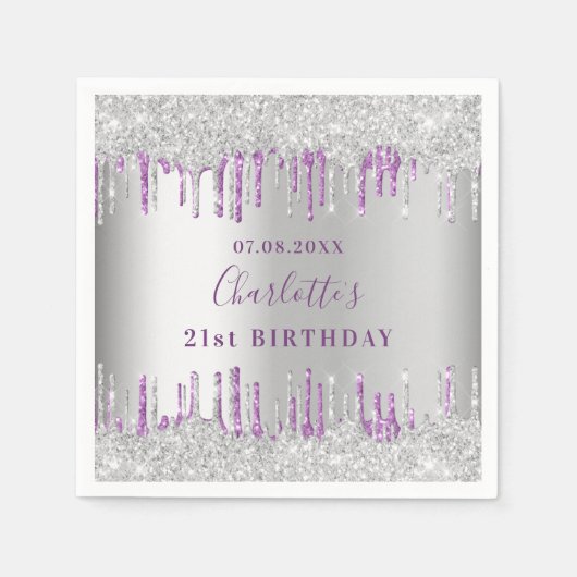 Birthday Silver paarse glitter drip monogram Servet (Voorkant)