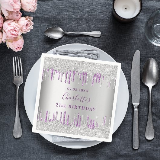 Birthday Silver paarse glitter drip monogram Servet