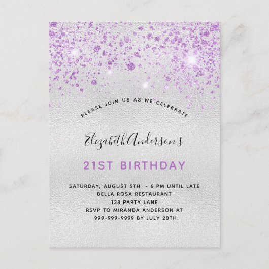 Birthday Silver paarse glitter druppels Uitnodiging Briefkaart (Voorkant)
