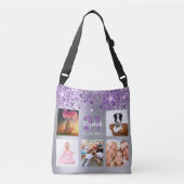Birthday Silver paarse glitter foto collage naam Crossbody Tas (Voorkant)