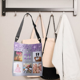 Birthday Silver paarse glitter foto collage naam Crossbody Tas