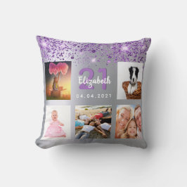 Birthday Silver paarse glitter foto collage naam Kussen