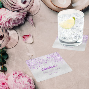 Birthday Silver paarse glitter monogram Kartonnen Onderzetters