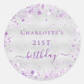 Birthday Silver paarse glitter monogram Ronde Sticker (Voorkant)