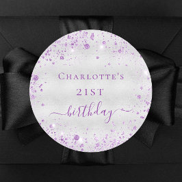 Birthday Silver paarse glitter monogram Ronde Sticker