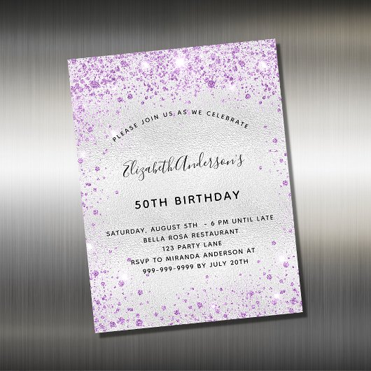 Birthday Silver paarse glitter nodigmagnet