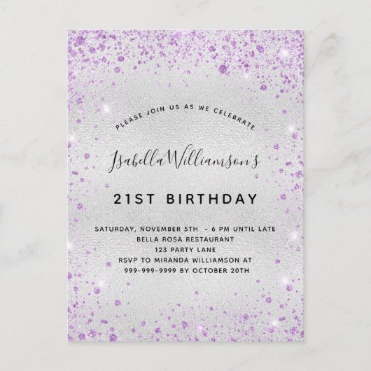 Birthday Silver paarse glitter spargel Uitnodiging Briefkaart (Voorkant)