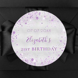 Birthday Silver paarse glitter-stofnaamdatum Ronde Sticker