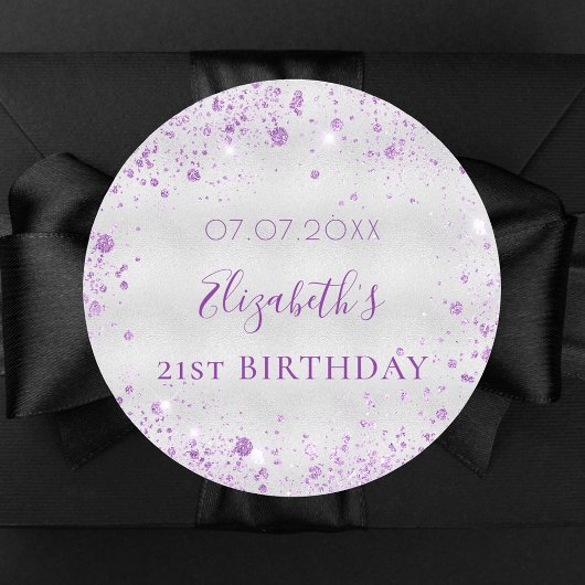 Birthday Silver paarse glitter-stofnaamdatum Ronde Sticker
