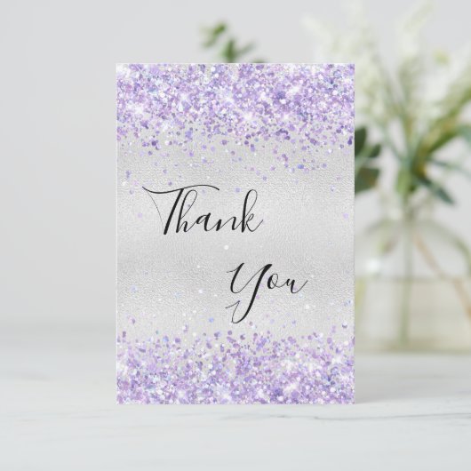 Birthday Silver paarse glitterstof bedankt (Staand voorkant)