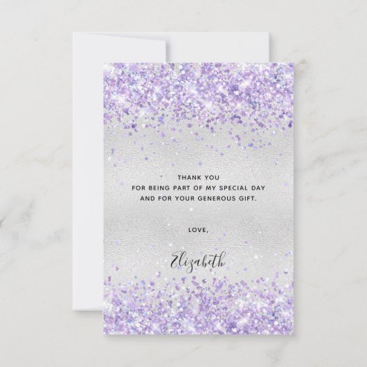 Birthday Silver paarse glitterstof bedankt (Achterkant)