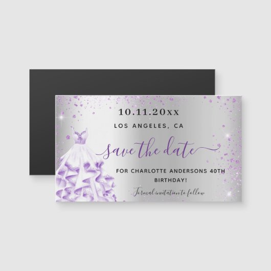 Birthday Silver paarse jurk met de datummagneet (Voorkant / Achterkant)