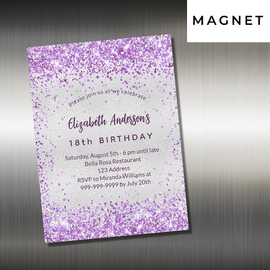 Birthday Silver paarse violet glitter luxe Magnetische Uitnodiging