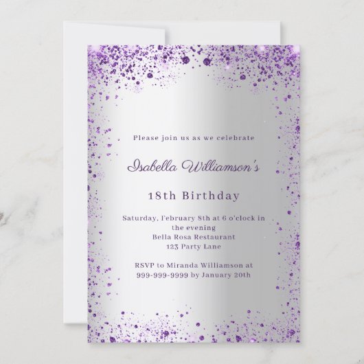 Birthday silver purple glitter kaart (Voorkant)