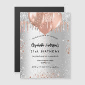 Birthday Silver roos Glitter ballonnen luxe Magnetische Uitnodiging (Voorkant / Achterkant)
