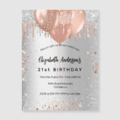 Birthday Silver roos Glitter ballonnen luxe Magnetische Uitnodiging (Voorkant)