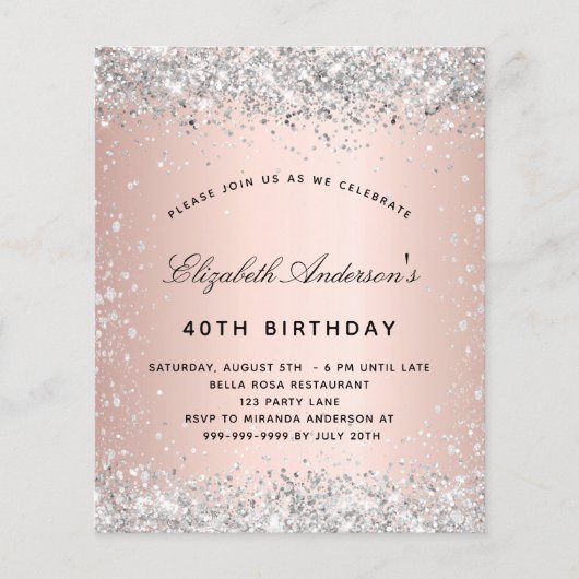 Birthday Silver roos Gold-uitnodiging Flyer (Voorkant)