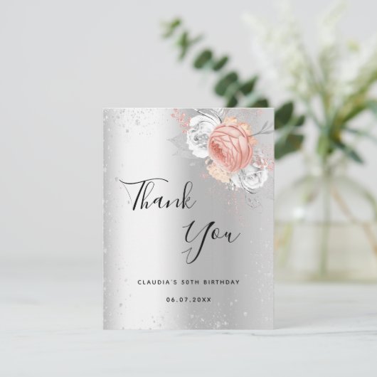 Birthday Silver roos gouden florale sparren Bedankkaart (Staand voorkant)