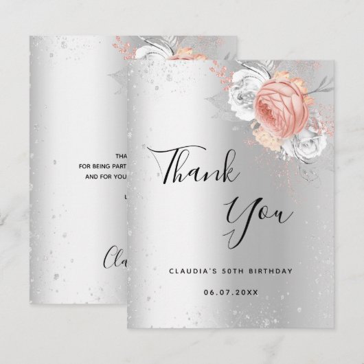 Birthday Silver roos gouden florale sparren Bedankkaart (Voorkant / Achterkant)