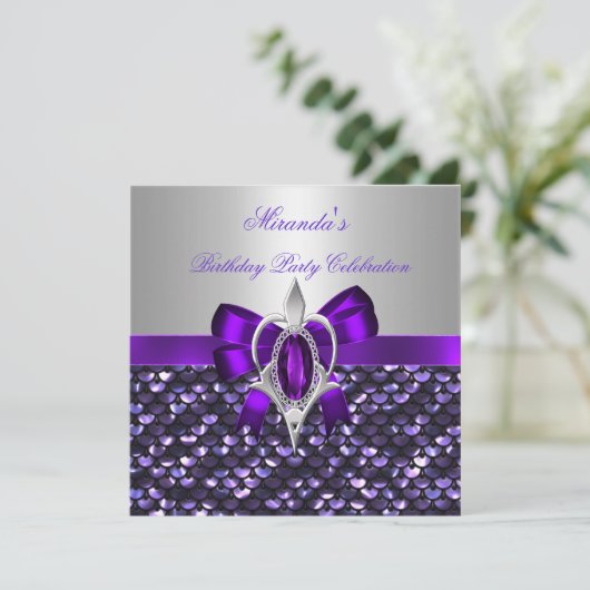Birthday Silver Sequins Paarse Diamond Bow Kaart (Staand voorkant)