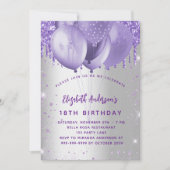 Birthday Silver violet glitter ballonnen luxe Kaart (Voorkant)