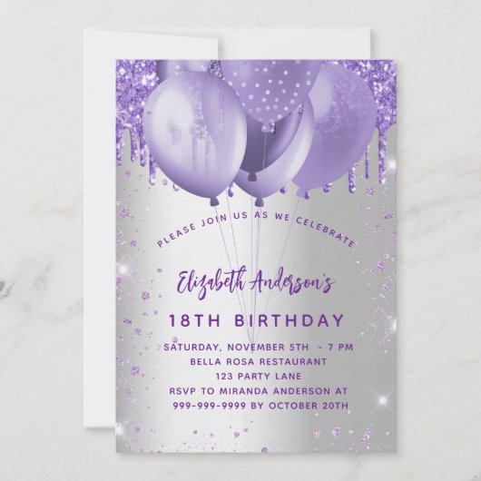 Birthday Silver violet glitter ballonnen luxe Kaart (Voorkant)