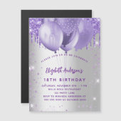 Birthday Silver violet glitter ballonnen luxe Magnetische Uitnodiging (Voorkant / Achterkant)
