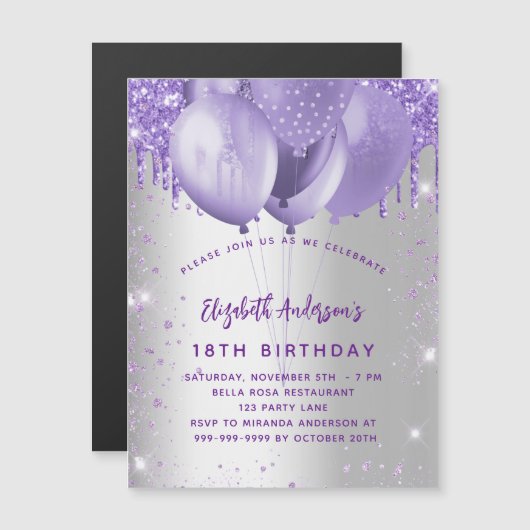 Birthday Silver violet glitter ballonnen luxe Magnetische Uitnodiging (Voorkant / Achterkant)