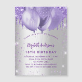 Birthday Silver violet glitter ballonnen luxe Magnetische Uitnodiging (Voorkant)