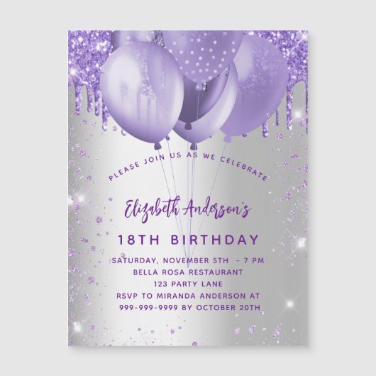 Birthday Silver violet glitter ballonnen luxe Magnetische Uitnodiging (Voorkant)