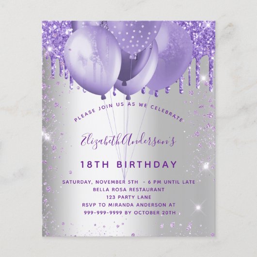 Birthday Silver violet glitter budget uitnodiging Flyer (Voorkant)