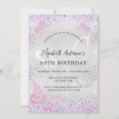 Birthday silver violet pink butterfly sparkles kaart (Voorkant)