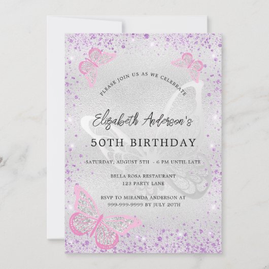 Birthday silver violet pink butterfly sparkles kaart (Voorkant)
