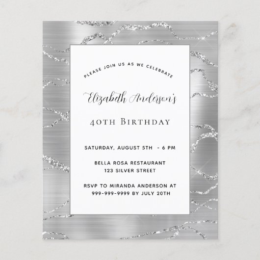 Birthday Silver White elegant budget uitnodiging (Voorkant)