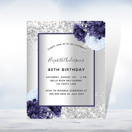 Birthday Silvy blue floral budget uitnodiging Flyer