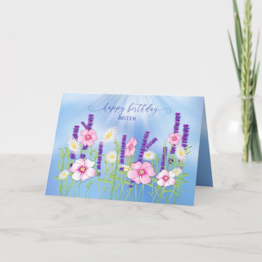 Birthday Sister Soft Delicate Flower Garden Blue Kaart (Voorkant)
