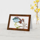 Birthday, Sister, Tricolored Heron, Humor Kaart (Gele Bloem)