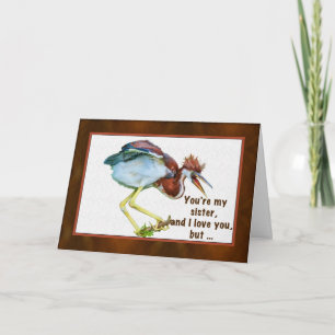 Birthday, Sister, Tricolored Heron, Humor Kaart