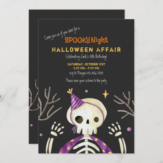Birthday Skeleton Halloween Party Invitation Kaart (Voorkant / Achterkant)