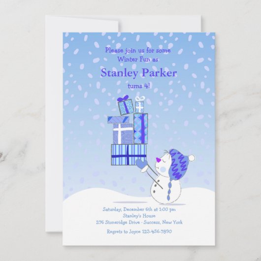 Birthday Snowman Blue Invitation Kaart (Voorkant)